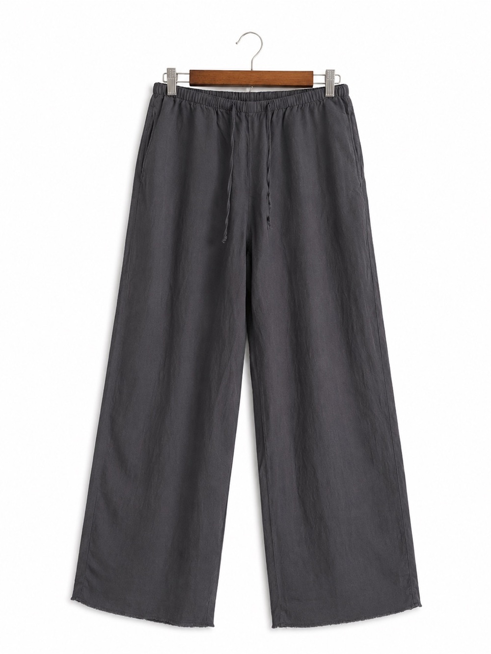Charcoal Gray Linen Blend Wide Leg Pants Drawstring Waist Relaxed Small